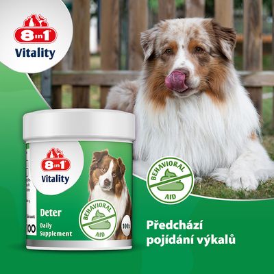 8 in 1 Vitality Deter Daily Supplement Behavioral Aid. Nádoba s obrázkem psa a poznámkou: Zabraňuje pojídání exkrementů.