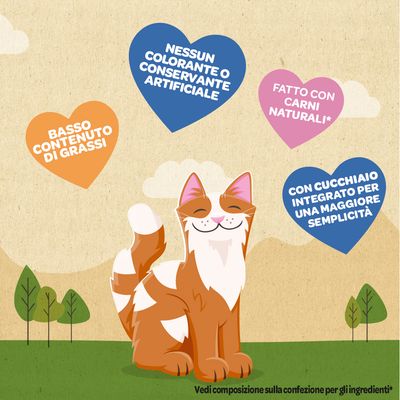 Meowee! Savoury Spoonables. Con vero tonno, senza coloranti o conservanti artificiali, cucchiaio integrato per meno disordine. Illustrazione di un gatto.