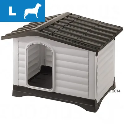 Niche pour chien taille L, structure en plastique gris et noir, toit à tuiles, entrée ouverte visible sur le côté gauche de l’image. Niche pour chien taille L, structure en plastique gris et noir, toit à tuiles, entrée ouverte visible sur le côté gauche de l’image.