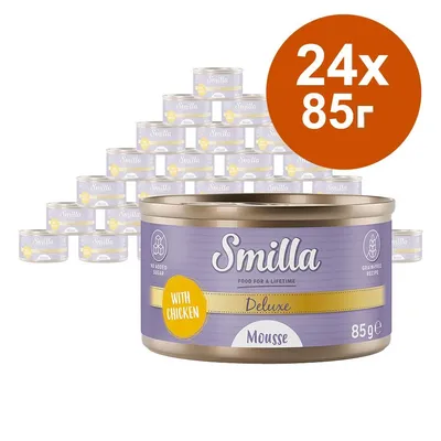Smilla Deluxe Mousse with Chicken, 24 консерви по 85 г. Видими надписи: NO ADDED SUGAR, GRAINFREE RECIPE, WITH CHICKEN, FOOD FOR A LIFETIME. Smilla Deluxe Mousse with Chicken, 24 консерви по 85 г. Видими надписи: NO ADDED SUGAR, GRAINFREE RECIPE, WITH CHICKEN, FOOD FOR A LIFETIME.