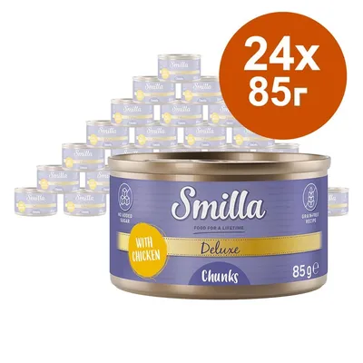 Smilla Deluxe Chunks with Chicken, 24 консерви по 85 г. Видими надписи: NO ADDED SUGAR, GRAIN-FREE RECIPE, WITH CHICKEN, 85 g e. Smilla Deluxe Chunks with Chicken, 24 консерви по 85 г. Видими надписи: NO ADDED SUGAR, GRAIN-FREE RECIPE, WITH CHICKEN, 85 g e.