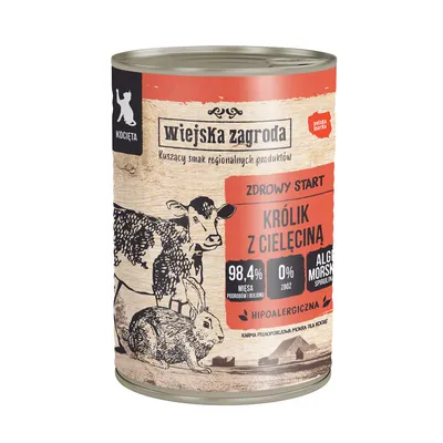 Wiejska Zagroda kattenvoer, smaak konijn met kalfsvlees. 98,4% vlees, 0% graan, zeewier spirulina, hypoallergeen. Tekst op blik in het Pools.
