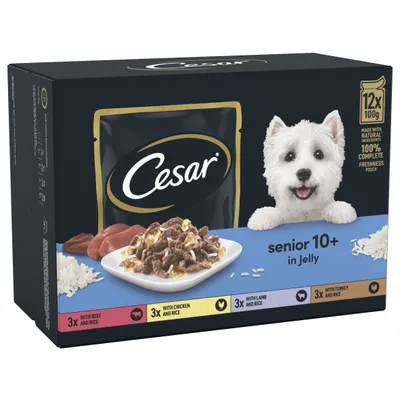Cesar senior 10+ in jelly, 12 x 100g pouches with beef and rice, chicken and rice, lamb and rice, turkey and rice. Made with natural ingredients for complete freshness.