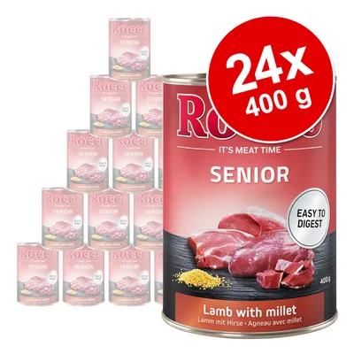Rocco Senior våtfoder, 24 x 400 g burkar. Text på förpackning: 'Easy to digest', 'Lamb with millet'. Bild på kött och hirs på etiketten.