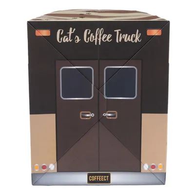 Envase en forma de camión de café marrón con la inscripción 'Cat's Coffee Truck' y el logotipo 'Coffeect'.