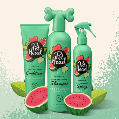 Pet Head Furtastic Knot Detangler odżywka, szampon i spray z arbuzem i masłem shea. Zawiera naturalne ekstrakty olejowe.