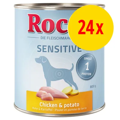 Rocco Sensitive hondenvoer, 24x 800g blikken, smaak Chicken & potato, single protein, afbeelding van kip en aardappel op het etiket. Rocco Sensitive hondenvoer, 24x 800g blikken, smaak Chicken & potato, single protein, afbeelding van kip en aardappel op het etiket.