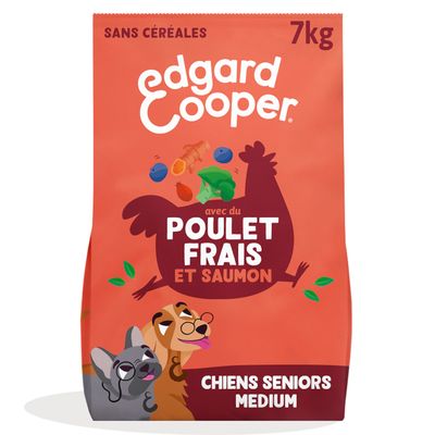 Edgard Cooper Senior Dogs 2,5 kg, Grain Free, Free-Run Chicken & Norwegian Salmon, fresh meat. Tekst en illustraties van honden op de verpakking zichtbaar.