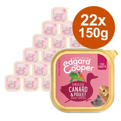 Edgard Cooper Fabuleux Canard & Poulet, zonder granen, voor chiots. 22 bakjes à 150g zichtbaar. Broccoli, wortel en erwt afgebeeld op verpakking. Edgard Cooper Fabuleux Canard & Poulet, zonder granen, voor chiots. 22 bakjes à 150g zichtbaar. Broccoli, wortel en erwt afgebeeld op verpakking.