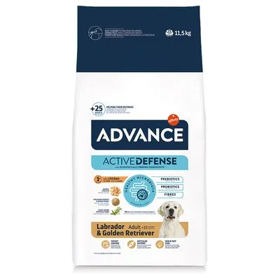 Advance Active Defense hondenvoer, 11,5 kg. Voor Labrador & Golden Retriever Adult +15 maanden. Met prebiotica, probiotica, vezels. Smaak: kip. Afbeelding van een hond op de verpakking.