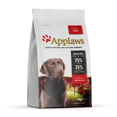 Applaws hondenvoer, large breed kip, graanvrij, 75% kip, 25% groenten & natuurlijke extracten, met pro-biotica, zak van 2 kg. Hond afgebeeld op de verpakking.