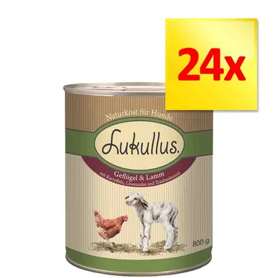 Lukullus Geflügel & Lamm, karma dla psów, puszka 800 g. Zestaw 24x. Widoczne ilustracje kurczaka i jagnięcia na opakowaniu.