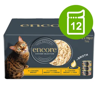 Encore Chicken Selection, 12 x 70g Dosen: 5x Hühnerbrust, 4x Hühnerbrust mit Käse, 3x Hühnerbrust mit Schinken. 100% natürliche Zutaten in Brühe.