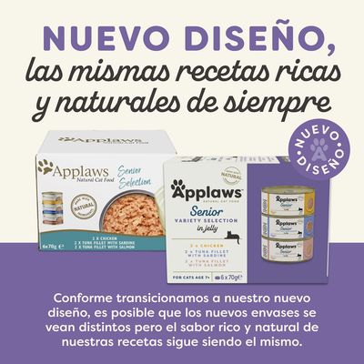 Texto: NUEVO DISEÑO, las mismas recetas ricas y naturales de siempre. Applaws Senior Selection para gatos mayores, variedad en gelatina. Aviso sobre cambio de envase, sabor igual.