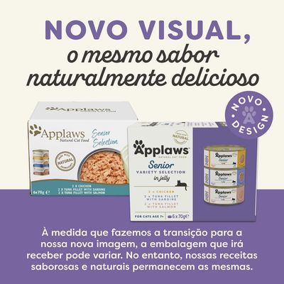 Applaws Senior Selection para gatos: imagem de duas embalagens diferentes e latas, com texto 'Novo visual, o mesmo sabor naturalmente delicioso' e aviso sobre mudança de design.