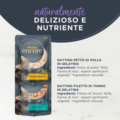 Encore Kitten in gelatina Pacco misto 5 x 50 g in buste gatto  - Mix: Feinest Selection (Filetto di Tonno & Petto di Pollo)