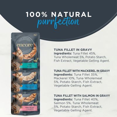 Encore Chicken Selection, 100% натурални съставки, 20x50g. Варианти: 2x пилешки гърди, 2x пилешки гърди с патица, 1x пилешки гърди с сьомга в сос.
