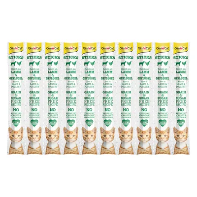 GimCat Sticks, πλούσια σε αρνί και πουλερικά, χωρίς δημητριακά και ζάχαρη, χωρίς τεχνητές χρωστικές, για γάτες. Συσκευασία με πολλαπλά sticks.