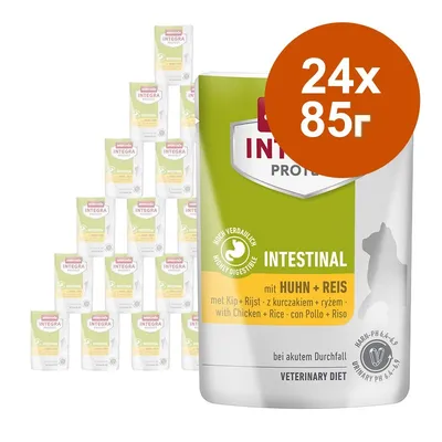 Animonda Integra Protect Intestinal с пиле и ориз, 24 броя по 85 г. Видими надписи: Highly digestible, Veterinary Diet, Urinary PH 6,4–6,8.