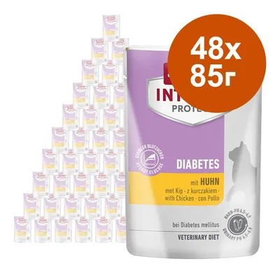 48×85 г Animonda Integra Protect Diabetes с пиле. Видими надписи: Steady Glucose, DIABETES, mit Huhn, Veterinary Diet, Urinary pH 6.5–6.9.