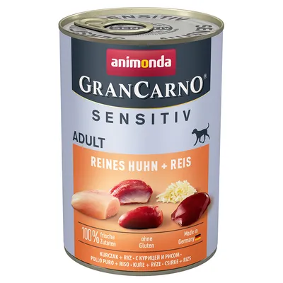 Animonda GranCarno Sensitiv Adult, чисто пиле + ориз, 100% пресни съставки, без глутен, произведено в Германия.