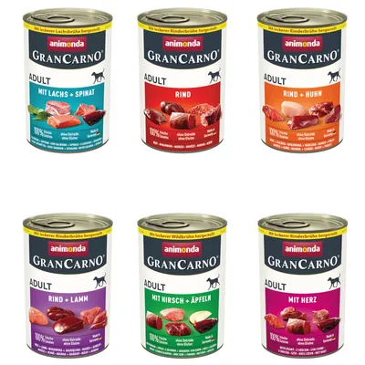 Animonda GranCarno Adult Nassfutter, Sorten: Lachs & Spinat, Rind, Rind & Huhn, Rind & Lamm, Hirsch & Äpfel, Herz. Ohne Getreide, 100% frisches Fleisch.