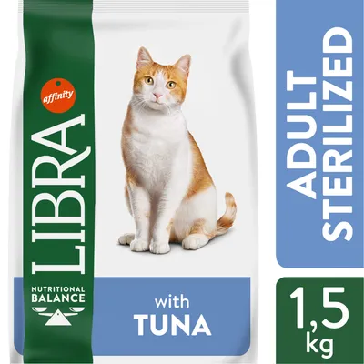 Pachet LIBRA Nutritional Balance cu ton pentru pisici adulte sterilizate, 1,5 kg. Text vizibil: with TUNA, ADULT STERILIZED, affinity.