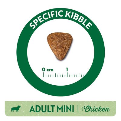 Specific kibble piece with size scale 0–1 cm, text: ADULT MINI with Chicken