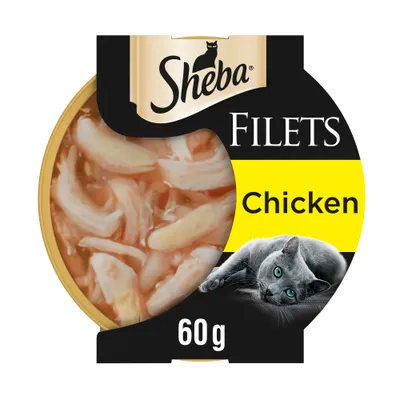Sheba Filets Chicken, 60g pack, visible chicken pieces inside container