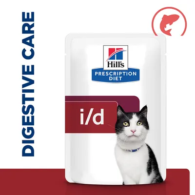 Συσκευασία Hill's Prescription Diet i/d για γάτες. Κείμενο: DIGESTIVE CARE. Εμφανίζεται εικόνα γάτας και σύμβολο ψαριού.