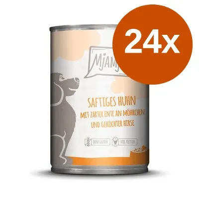 MjAMjAM burk med text: Saftiges Huhn mit zarter Ente an Möhrchen und gekochter Hirse. 24x står i stor orange cirkel. Synliga ikoner: ohne Gluten, viel Fleisch.