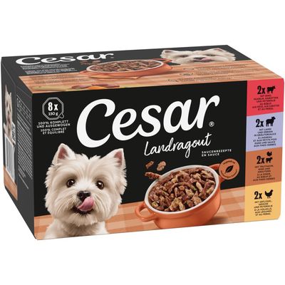 Cesar Landragout, 8x150g Portionspackungen. Recycelbare Verpackung mit natürlichen Zutaten. Sorten: Rind, Huhn, Truthahn, Gemüse in Sauce.