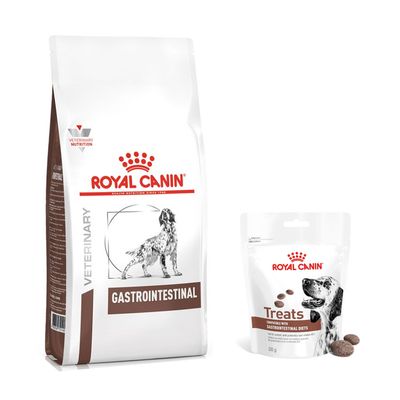 Royal Canin Veterinary Gastrointestinal Low Fat dog food, packaging with dog image and brown design.