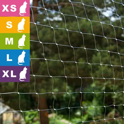 Grille de tailles pour filet à chat : XS, S, M, L, XL affichées avec silhouettes de chats à gauche d’un filet en plastique transparent en extérieur.