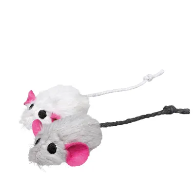 Två leksaksmöss i plysch, en vit och en grå, med rosa öron och långa snören som svansar.