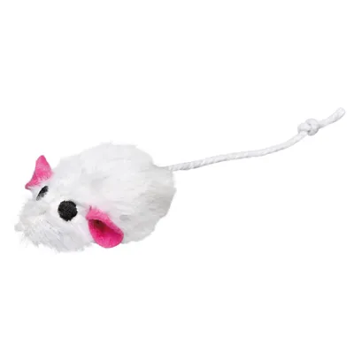 Vit leksaksmus med rosa öron, svart nos och ögon samt svans av vit snodd med knut i änden. Pälsliknande yta synlig.