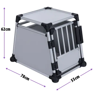 Transportní box z kovu, rozměry: výška 62 cm, šířka 55 cm, délka 78 cm. Obdélníkový tvar s mřížkovou přední stranou a pevnými spoji.