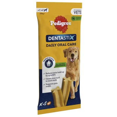 Dentastix daily oral care pack showing triple action: reduces tartar by up to 80%, cleans hard to reach teeth, supports gum health. Contains natural ingredients. Pack of 4 sticks.