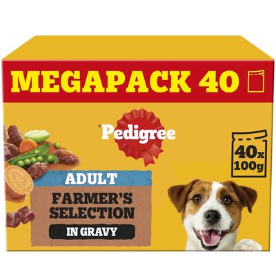 Megapack 40 Pedigree Adult Farmer’s Selection in Gravy, 40 x 100g pouches, visible vegetables and meat pieces shown on packaging.