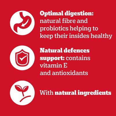 Optimal digestion with natural fibre and probiotics, supports natural defences with vitamin E and antioxidants, made with natural ingredients.