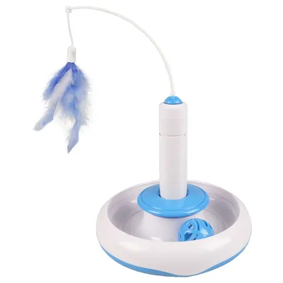 Jouet interactif pour chat en plastique blanc et bleu, base ronde avec balle ajourée et tige flexible surmontée de plumes bleues.