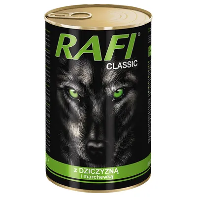 RAFI Classic conservă umedă cu carne de vânat și morcovi, design negru cu motiv de lup și scris verde.
