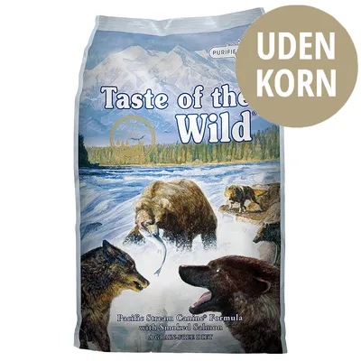 Taste of the Wild Pacific Stream Canine Formula with Smoked Salmon, UDEN KORN, A GRAIN-FREE DIET. Billede af ulve og bjørne ved flod på emballagen. Taste of the Wild Pacific Stream Canine Formula with Smoked Salmon, UDEN KORN, A GRAIN-FREE DIET. Billede af ulve og bjørne ved flod på emballagen.