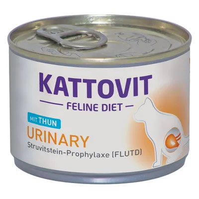 Konzerva Kattovit Feline Diet Urinary mit Thun, Struvitstein-Prophylaxe (FLUTD), ilustrace kočky s oranžovým zvýrazněním oblasti močového měchýře.