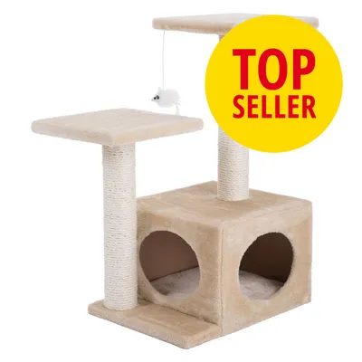 Klatrestativ til katte med to sisalstolper, to platforme og en hule. Hængende legetøjsmus. Gul cirkel med rød tekst: TOP SELLER.