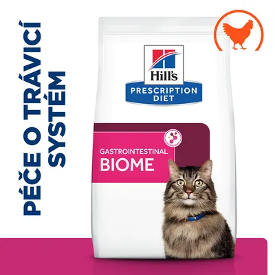 Hill's Prescription Diet Gastrointestinal Biome pro kočky, péče o trávicí systém, obrázek kuřete v pravém rohu