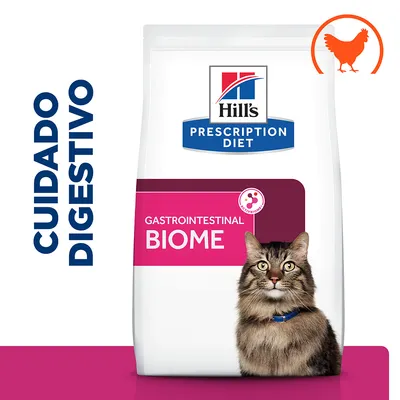 Hill's Prescription Diet Gastrointestinal Biome para gatos, cuidado digestivo. Imagen de un gato y símbolo de pollo en la esquina superior derecha.