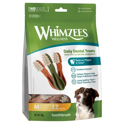 Whimzees Daily Dental Treats, 12 friandises pour chiens 12–18 kg, forme brosse à dents, sans viande, blé ni colorants, poids net 360 g. Texte en anglais sur les bénéfices dentaires.