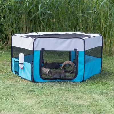 Enclos pliable bleu et gris avec parois en maille, porte zippée, abreuvoir fixé sur le côté et accessoires à l’intérieur, posé sur de l’herbe.