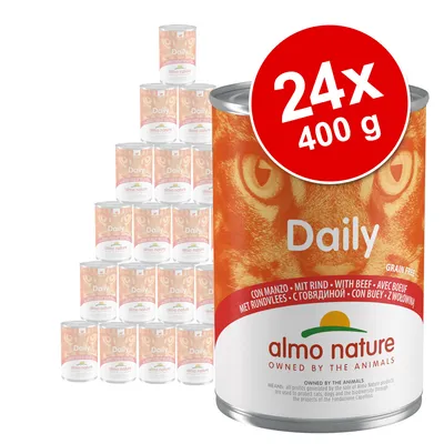 Set 24x400 g conserve Almo Nature Daily cu vită, text vizibil: 'Grain Free', 'Owned by the animals', etichetă portocalie cu imagine de pisică pe ambalaj.